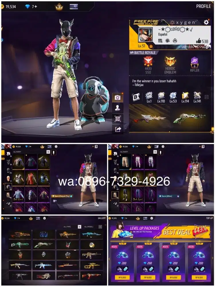 STOK AKUN FF SPEK POLOSAN SG LUMUT LOG GOGGLE