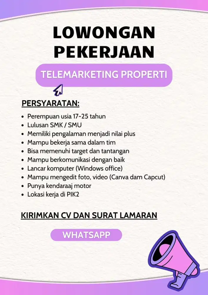 Dicari telemarketing properti hubungi wa