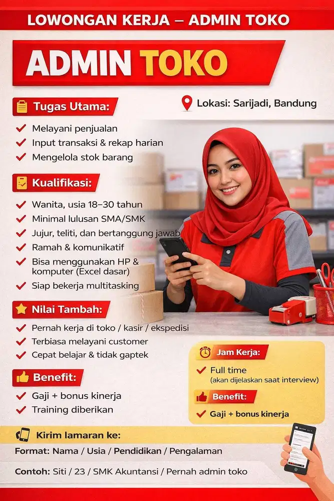 Lowongan Admin Toko Full Time – Sarijadi Bandung