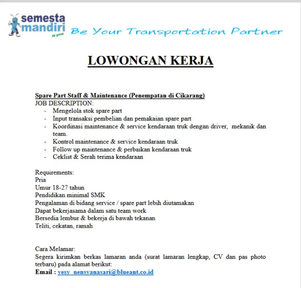 Lowongan Kerja Spare Part & Maintenance Staff