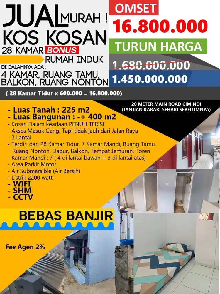 Dijual Kosan Aktif 28 Kamar GRATIS Rumah Induk