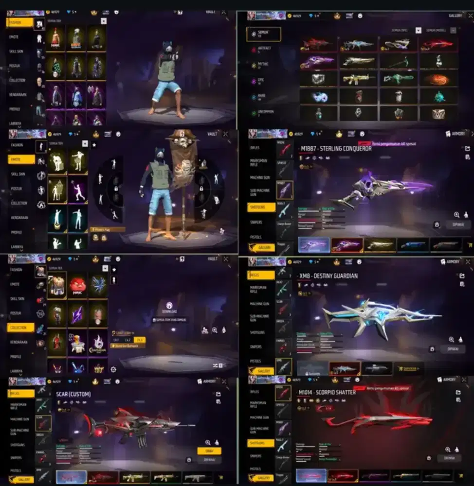 Akun ff sultan-level tinggi, skin lengkap, ready akun ff