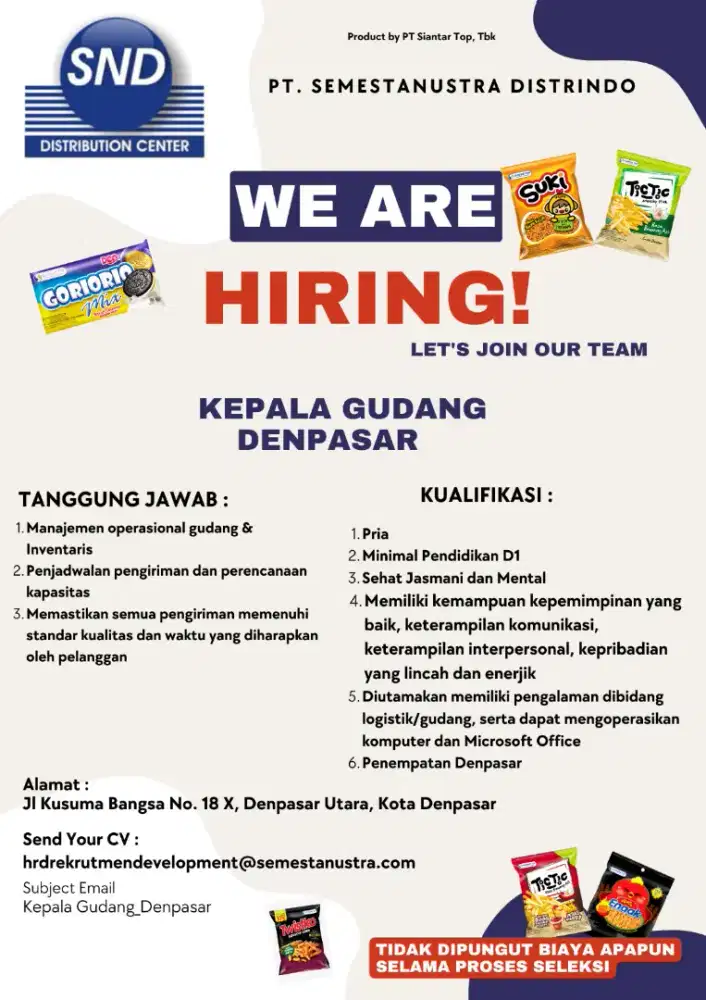 Di butuhkan segera kepala gudang