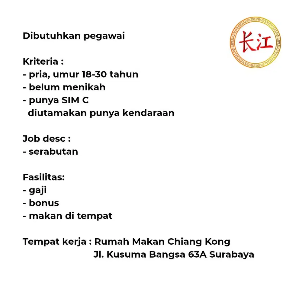 DIBUTUHKAN SEGERA PEGAWAI UNTUK RESTORAN