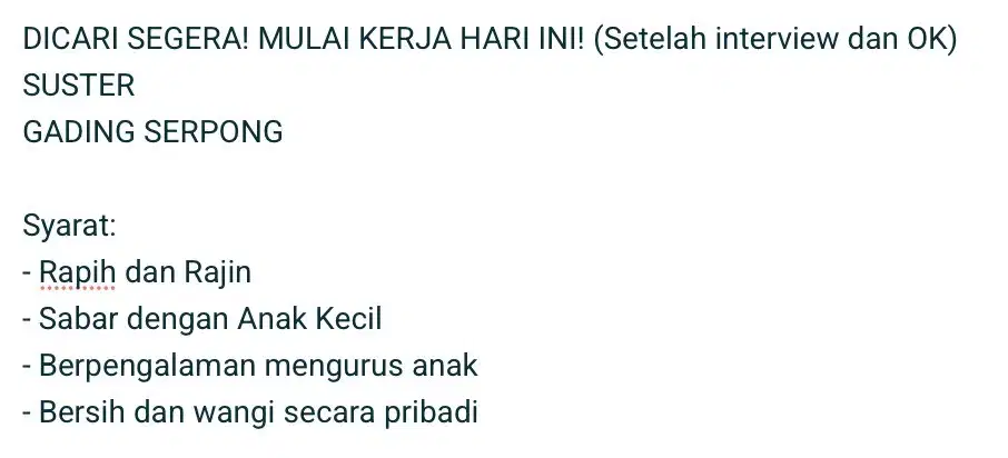 DICARI SUSTER 2 ANAK! GADING SERPONG! SEGERA