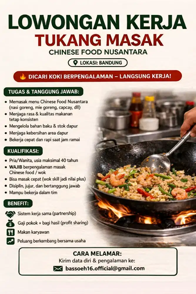 Dibutuhkan koki / tukang masak chinese food