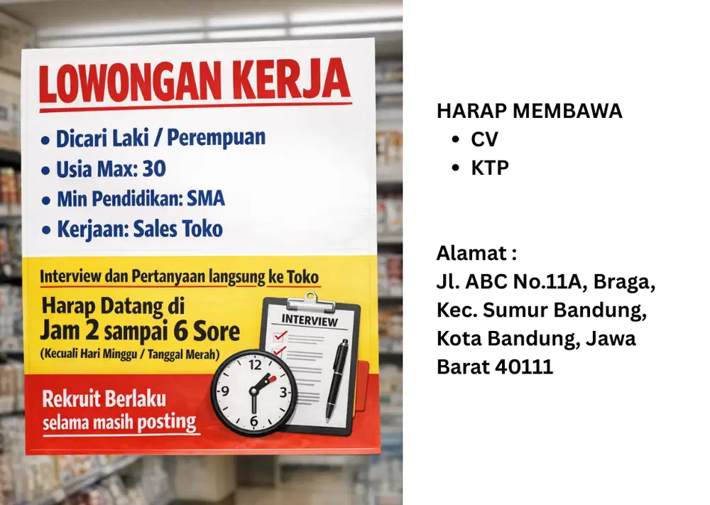 Dicari Sales Toko Usia Max.30 Pendidikan SMA