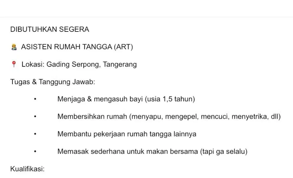 DIBUTUHKAN SEGERA ASISTEN RUMAH TANGGA (ART)