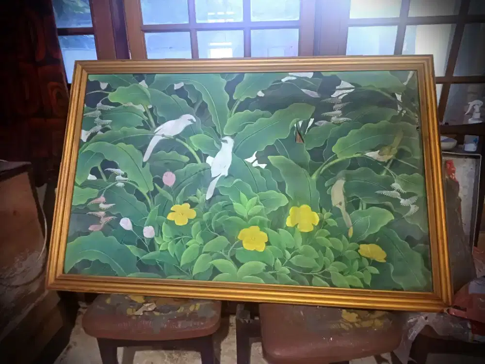 Lukisan Besar Asli Bali 142cm x 92cm Lengkap Pigura Kondisi spt gambar