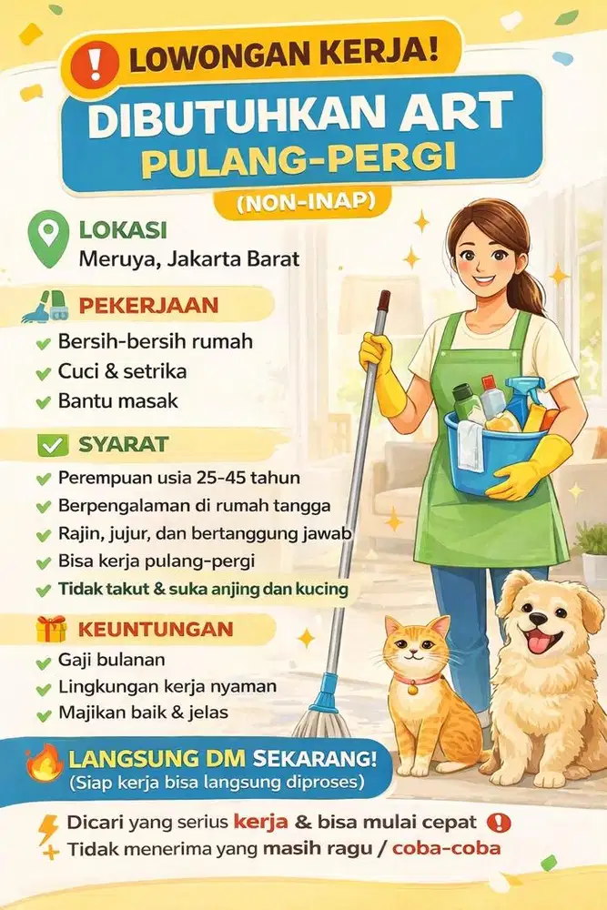 Dibutuhkan ART Perempuan Pulang Pergi (Non Inap)