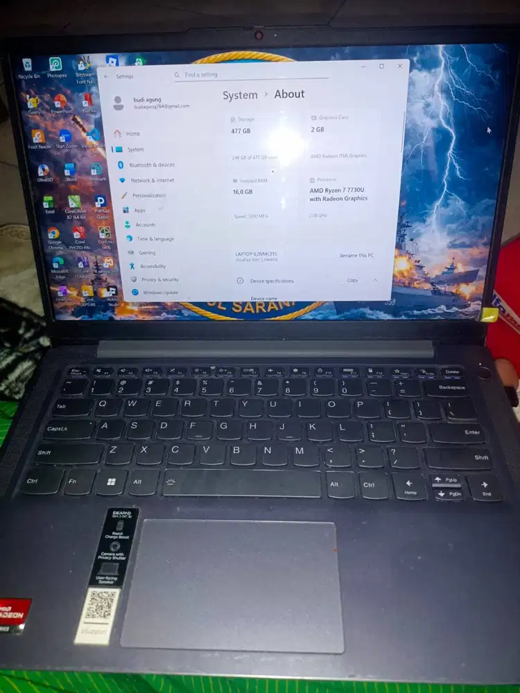 B.U. Lenovo ideapad 3 AMD Ryzen 7 7730U Ram 16 GB SSD 500 GB