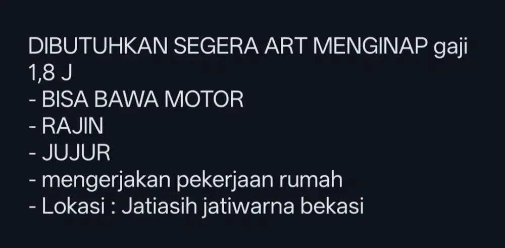 DICARI SEGERA ASISTEN RUMAH TANGGA