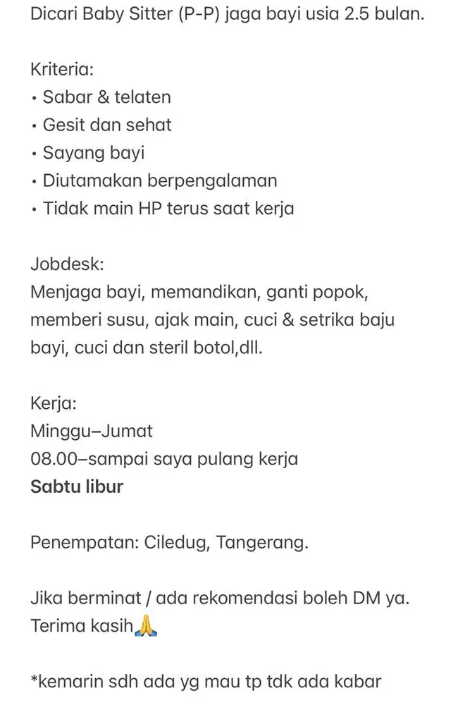 Dicari untuk Momong bayi 2.5bln