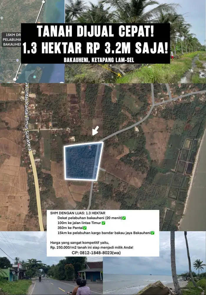 Dijual Cepat Tanah 1.3Hektar Rp3.2M dekat Bakauheni Lam-Sel