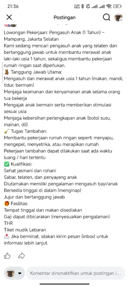 Lowongan Pekerjaan: Pengasuh Anak (1 Tahun) – Mampang, Jakarta Selatan