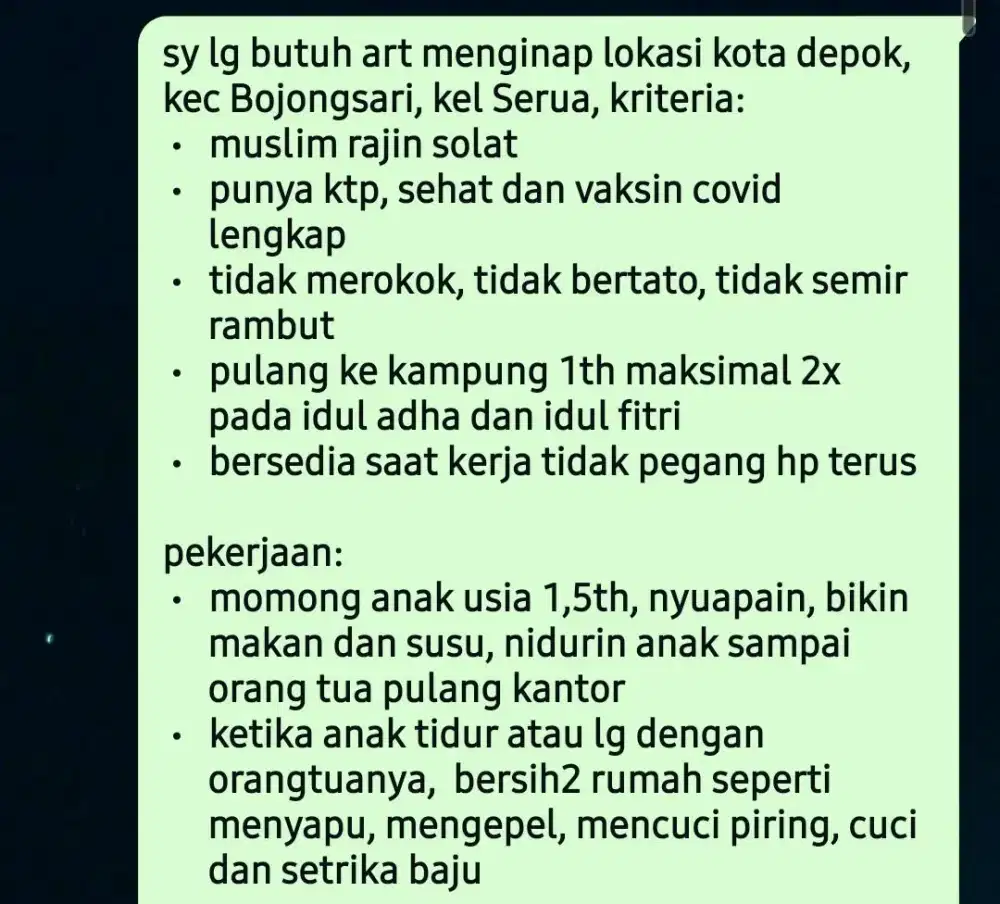 Dibutuhkan ART Menginap beberes dan momong usia 2th