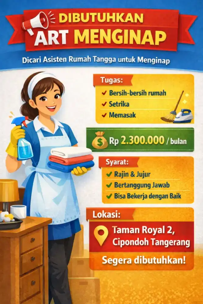 Dibutuhkan ART Menginap Cipondoh Tangerang