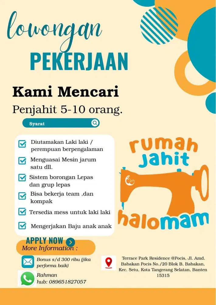 Lowongan PENJAHIT harian / borongan