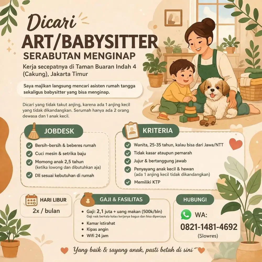 ART BABYSITTER NGINAP dicari yang TDK TAKUT ANJING