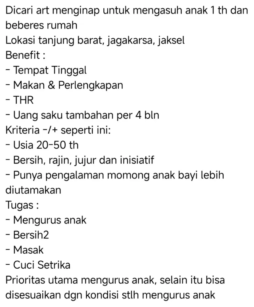 Dicari art momong dan beberes menginap, tanjung barat jakarta selatan