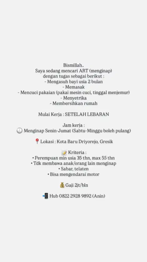 Pembantu ART momong Bayi gaji 2 juta