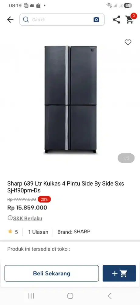 Sharp 639 ltr kulkas 4 pintu side by side sjif90pm