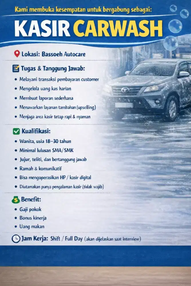 Dibutuhkan kasir carwash