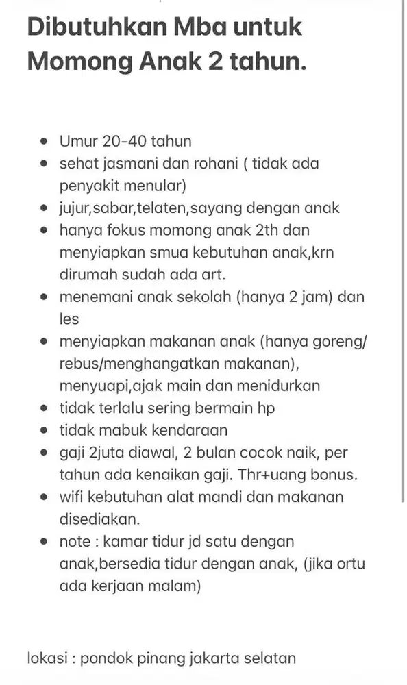 Dicari ART Momong/suster/nanny untuk anak 2 tahun