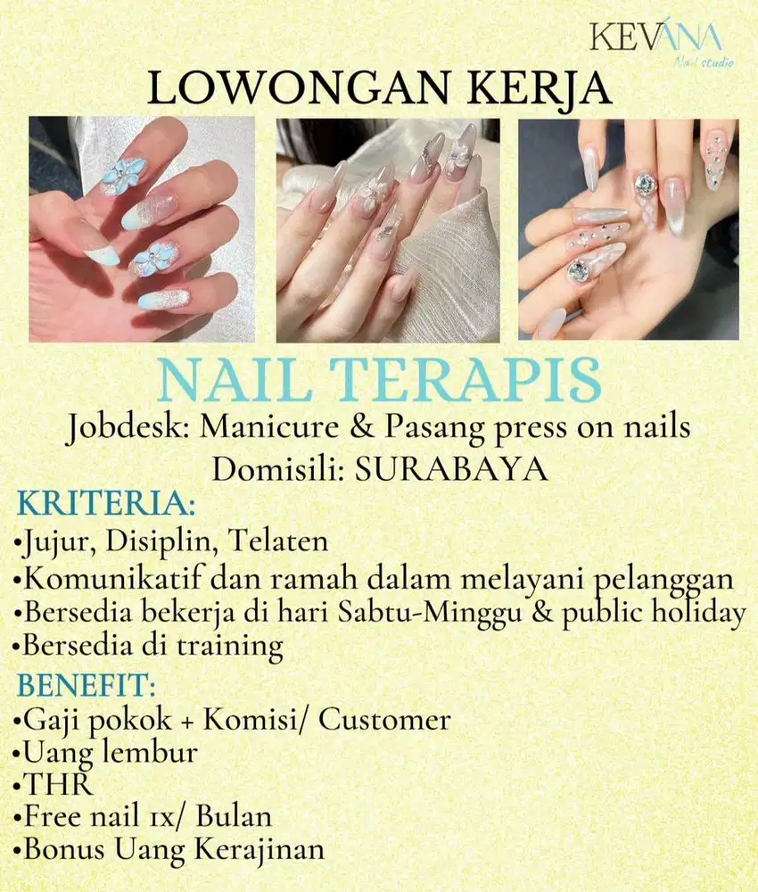 Lowongan pekerjaan Nail terapis, pasang kuku palsu dan manicure Sby