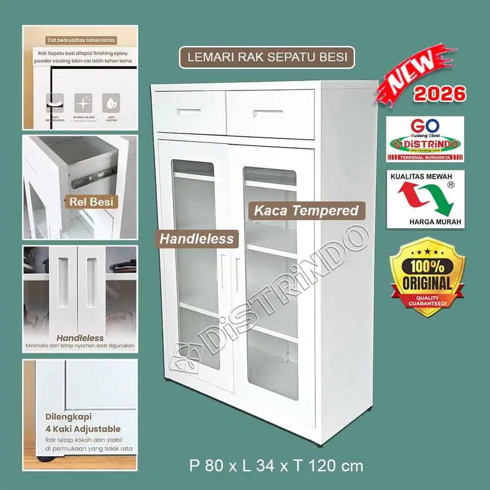 Lemari Sepatu Besi Dengan Laci Pintu Kaca Tempered Rak Sepatu