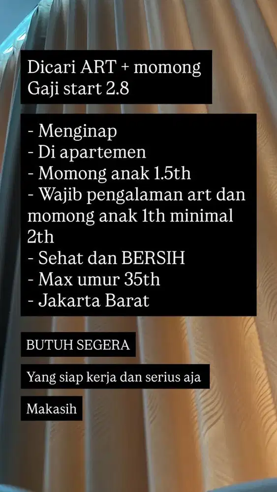 Dicari art momong untuk di apartemen