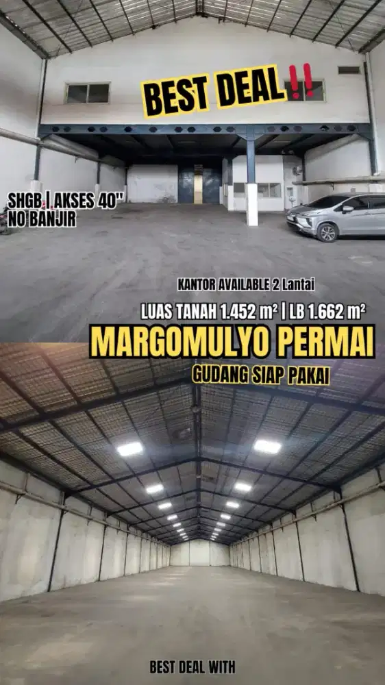 Dijual Gudang Siap Pakai Margomulyo Permai