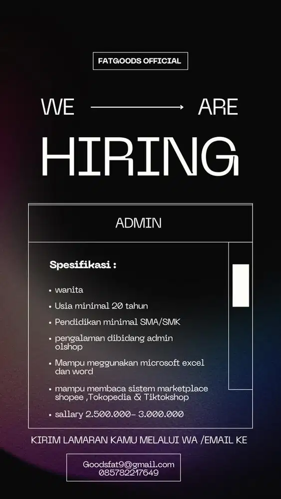 Dibutuhkan admin olshop wanita