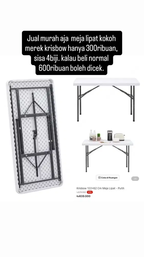 Meja lipat kokoh merek krisbow