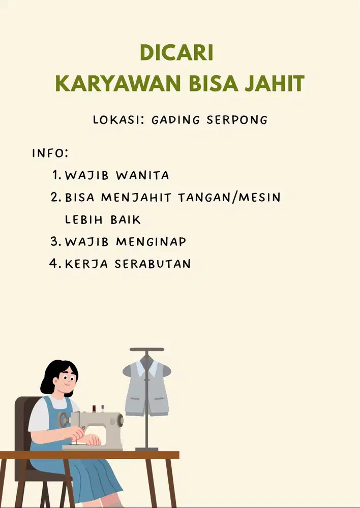 DICARI KARYAWAN BISA JAHIT