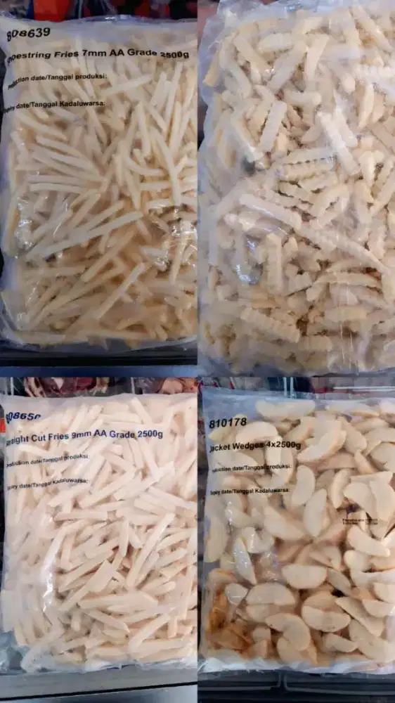 Kentang goreng frozen kemasan 2,5 untuk hotel, cafe. Warna kuning