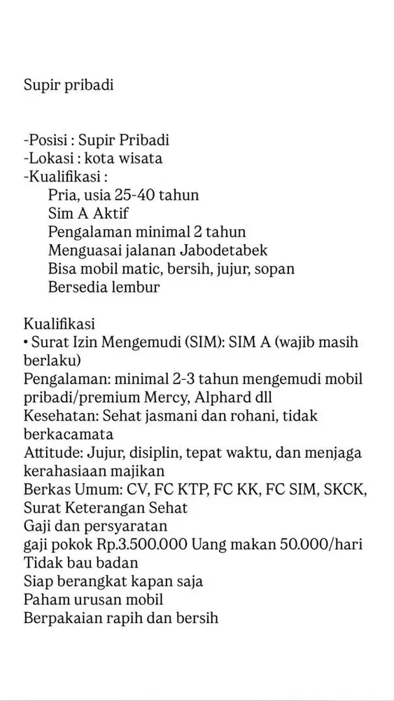 DIBUTUH KAN DRIVER PRIBADI