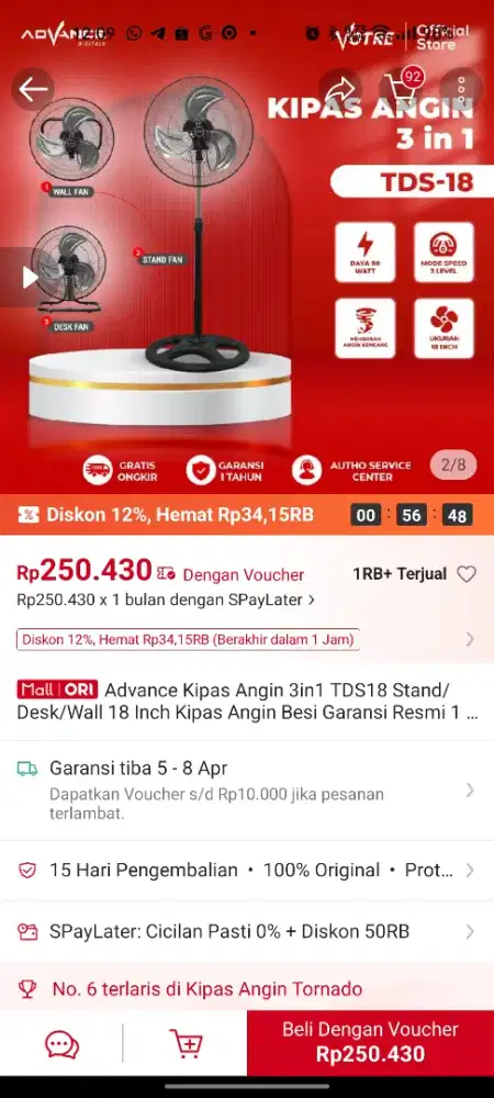 Dijual Kipas Angin Berdiri 3-in-1 Merk Advance TDS-18 (Second)