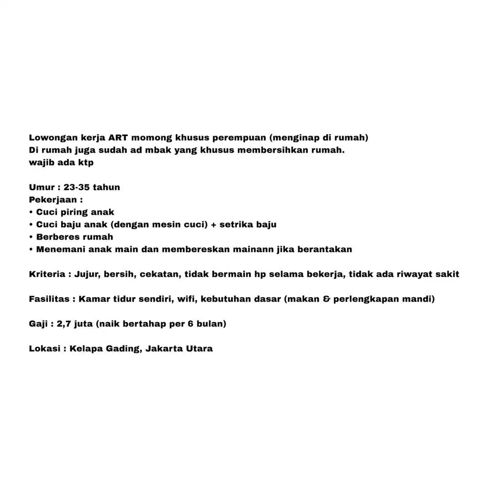 Lowongan kerja ART momong khusus perempuan (menginap di rumah)