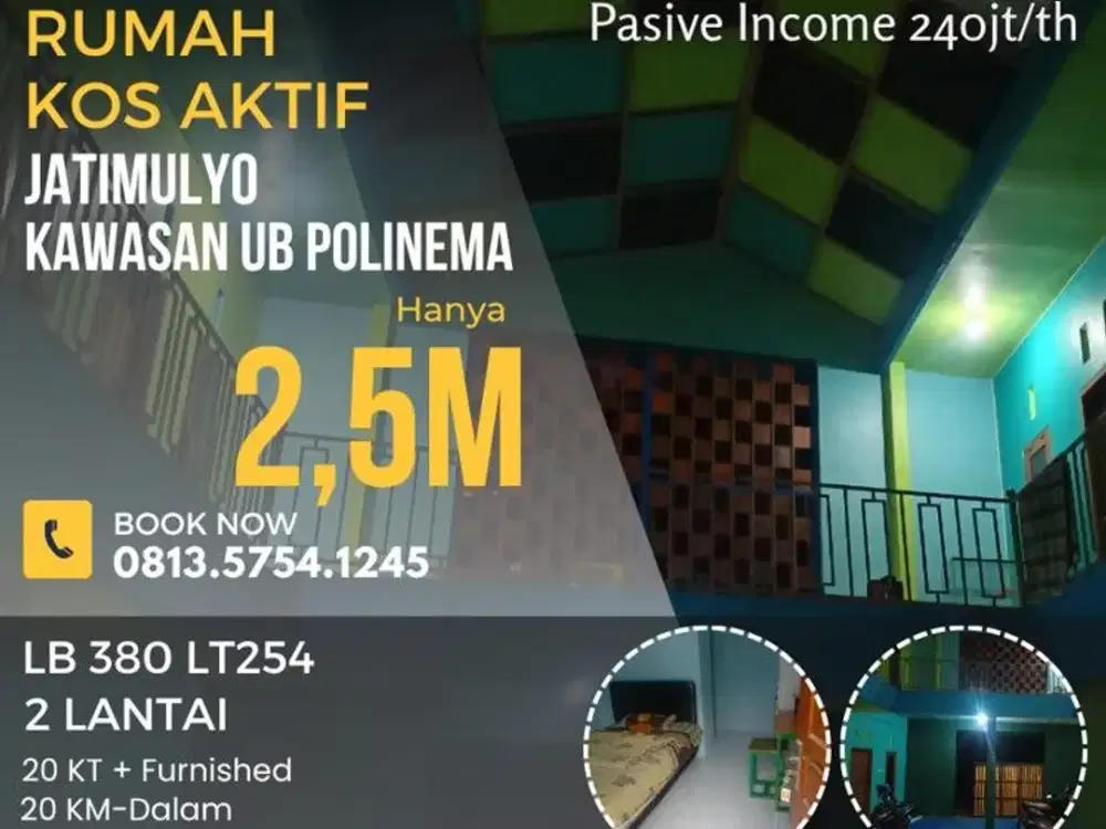 Rumah kos aktif di jatimulyo 20KT+20KMDalam Furnished dekat UB akses roda2