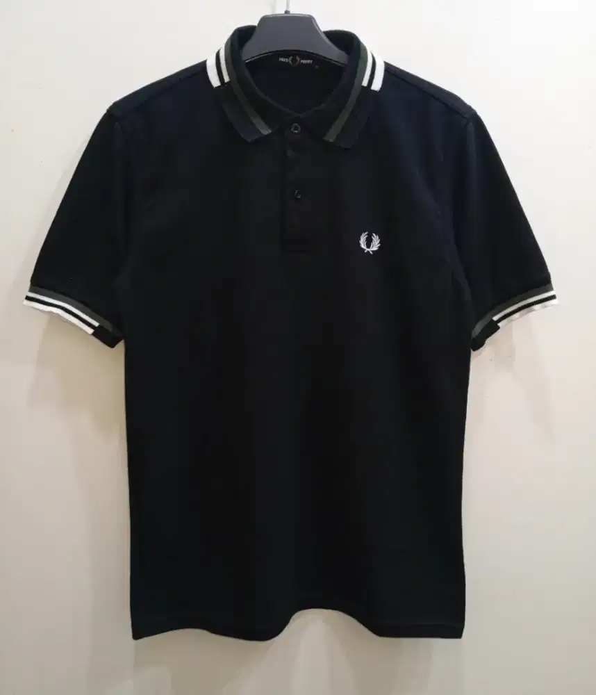 FRED PERRY TWIN TIPPED GREEN WHITE POLO SHIRT BLACK