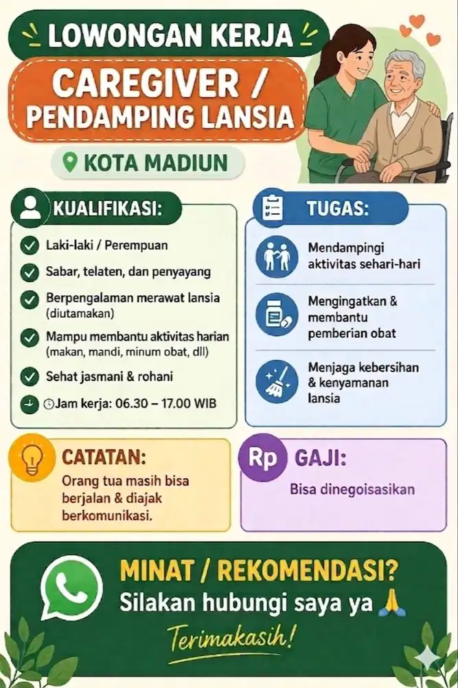 Dicari Penjaga Lansia Siap Kerja