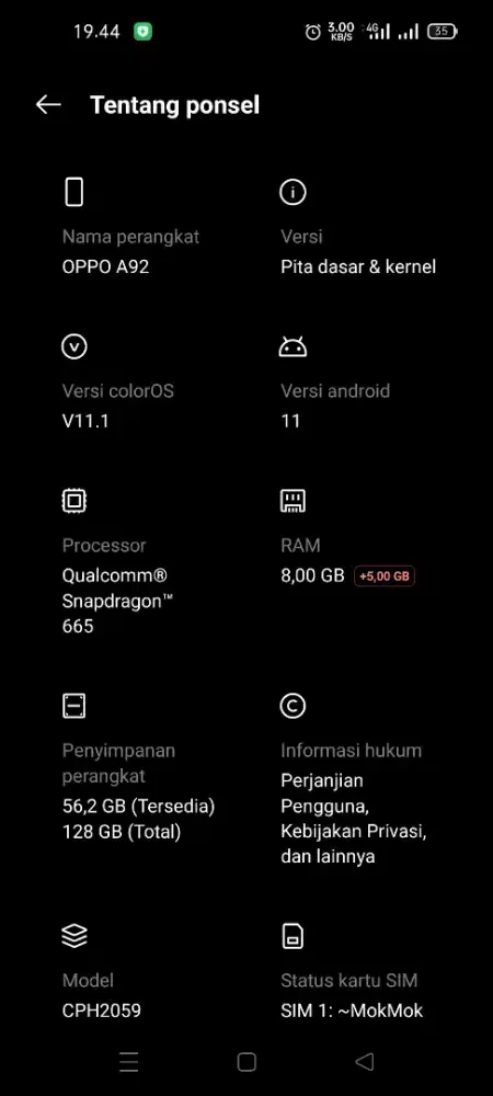 Hp oppp a92 ram 8/128 gb