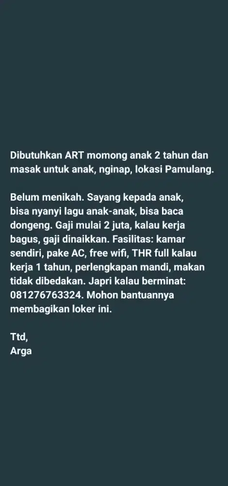 Lowongan ART momong anak dan beberes rumah, gaji dari 2 jutaan