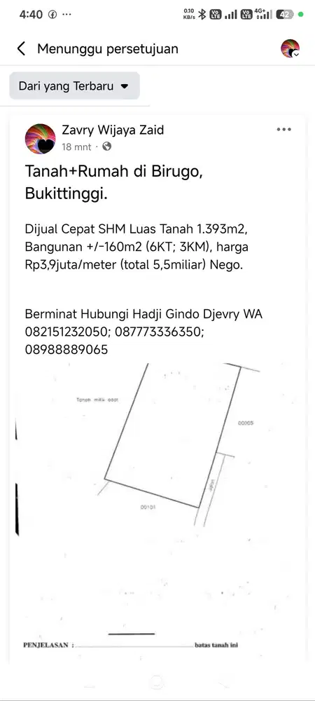 Dijual Cepat tanah SHM 1393m2+rumah +/-160m2(6KT;3KM)