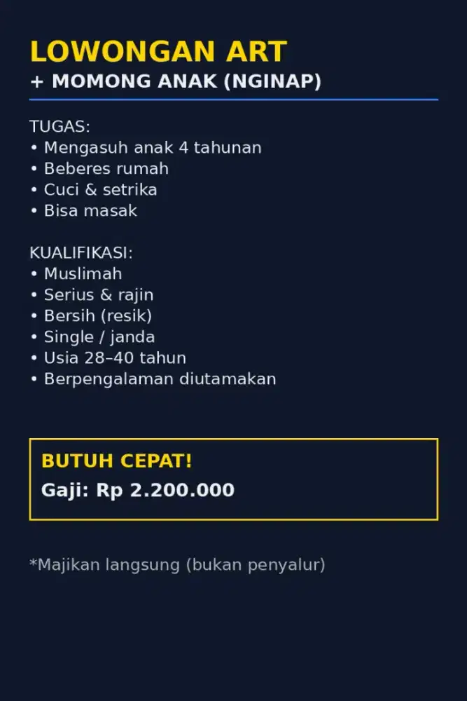 Lowongan ART + Momong (Menginap)