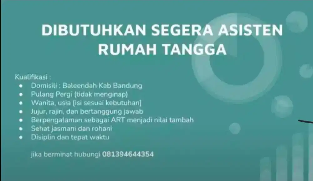 Dibutuhkan asisten rumah tangga