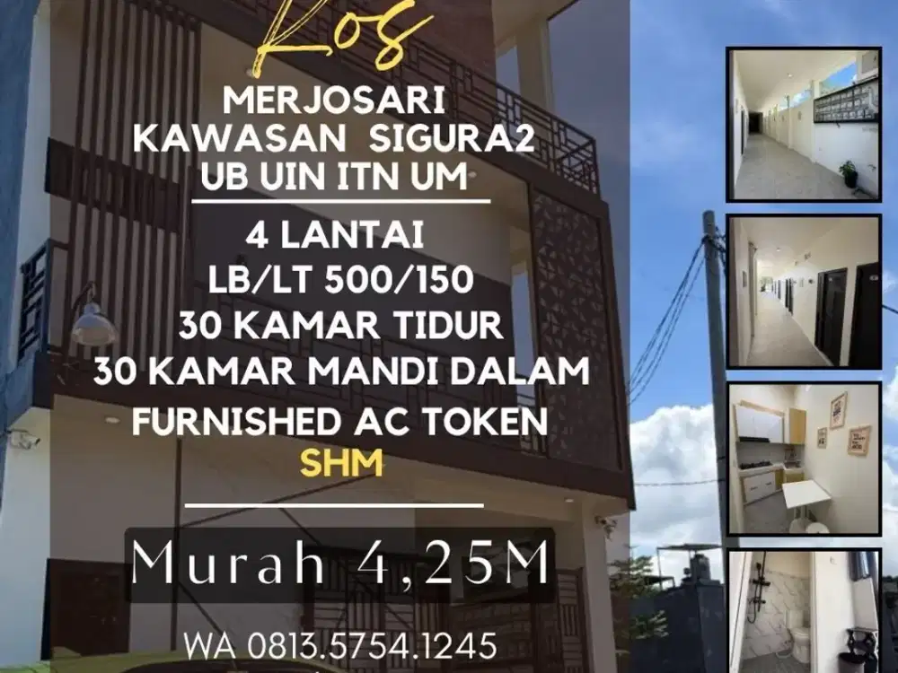 Dijual kos sigura2 30KT 30KMD furnished kawasan UB UM UIN MATOS 4,25M