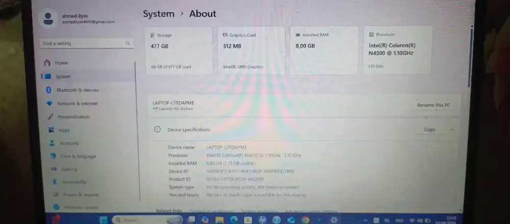 Jual laptop HP Intel Celeron (R) 
N4500 1.10GHz.