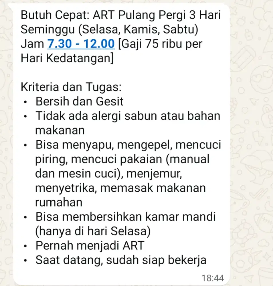 Butuh Cepat: ART Pulang Pergi 3 Hari Seminggu, Gaji 75ribu per Hari